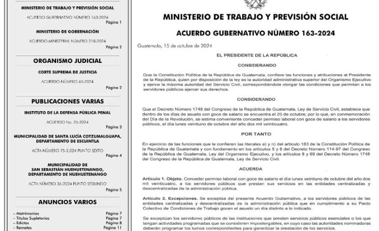 TRABAJADORES DEL ESTADO TENDRAN DESCANSO EL 21 DE OCTUBRE.