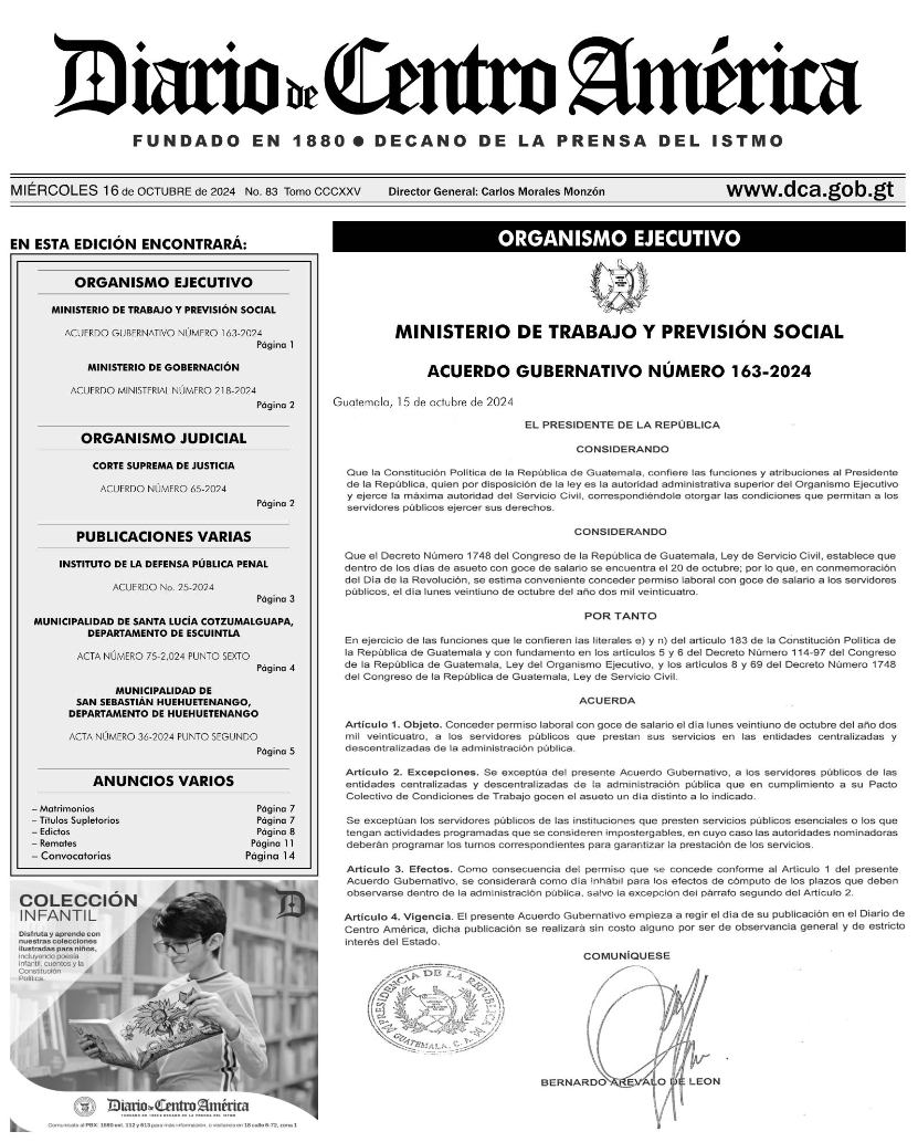TRABAJADORES DEL ESTADO TENDRAN DESCANSO EL 21 DE OCTUBRE.
